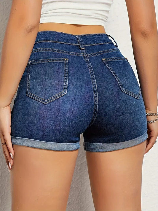 Chic High-Waisted Denim Shorts: Slim-Cut, Lightweight Material, Trendy for Spring & Summer Outings