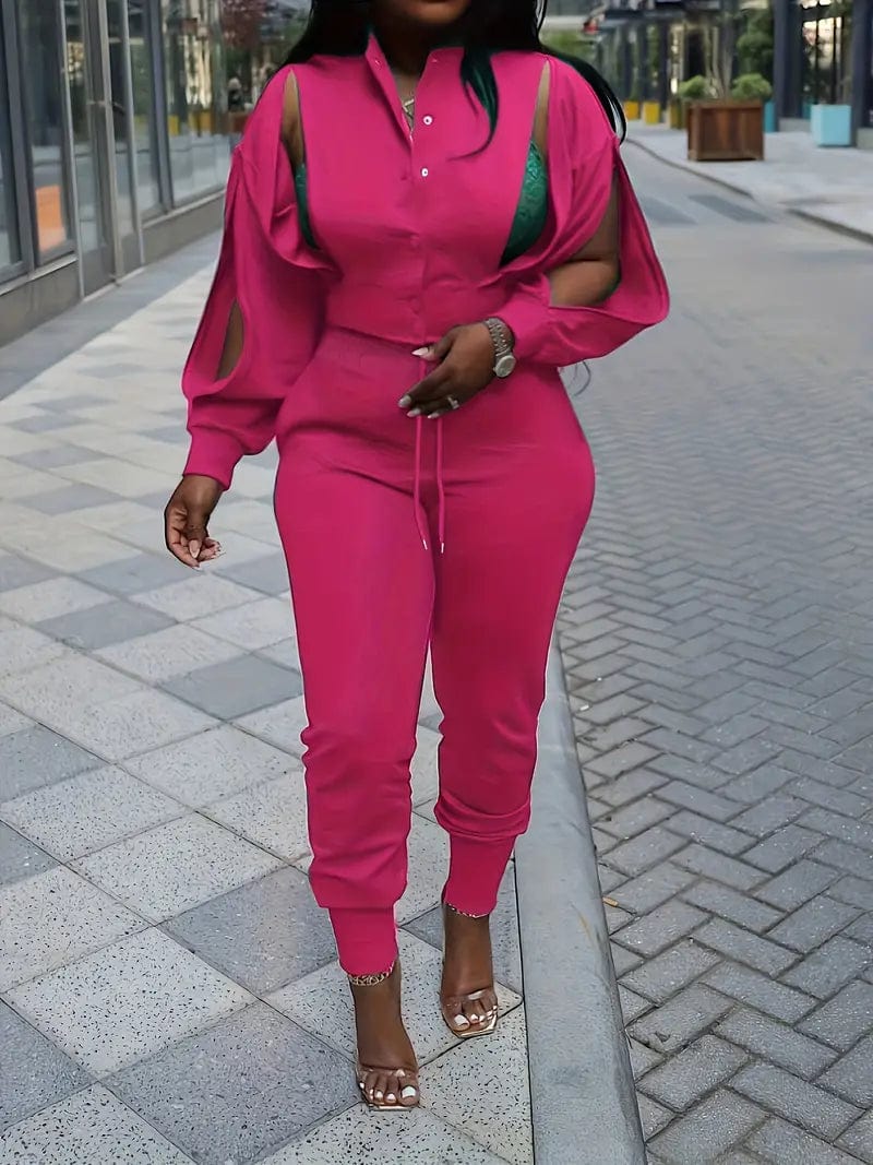 Chic Matching Two-Piece Ensemble, Front-Buttoned Jacket with Split Sleeves and Zipper Details & Drawstring Pants Set, Women's Fashion
