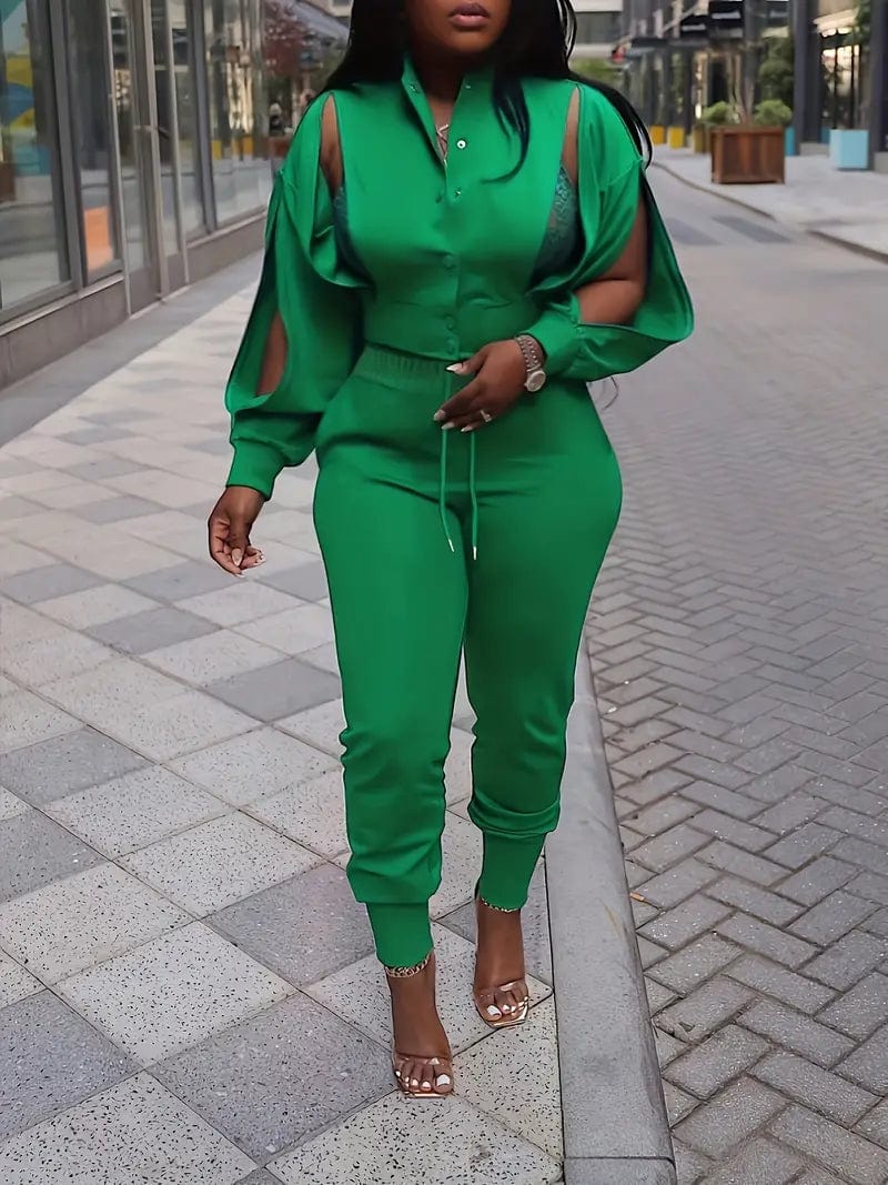 Chic Matching Two-Piece Ensemble, Front-Buttoned Jacket with Split Sleeves and Zipper Details & Drawstring Pants Set, Women's Fashion