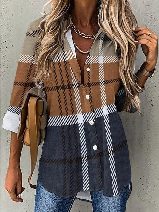 Chic Plaid Print Button Women's Shirt Blouse for Spring and Fall