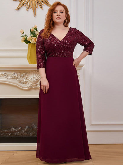 Chic Sequin V-Neck A-Line Plus Size Evening Dress with Long Sleeves