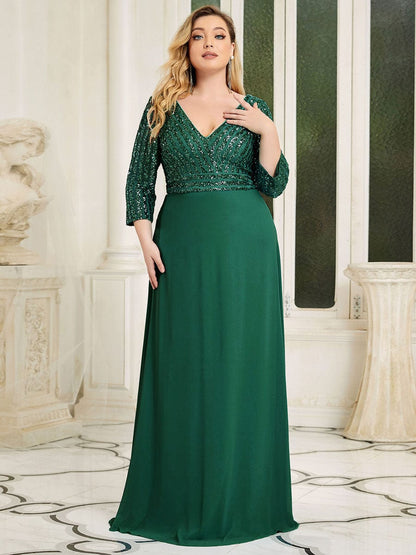 Chic Sequin V-Neck A-Line Plus Size Evening Dress with Long Sleeves