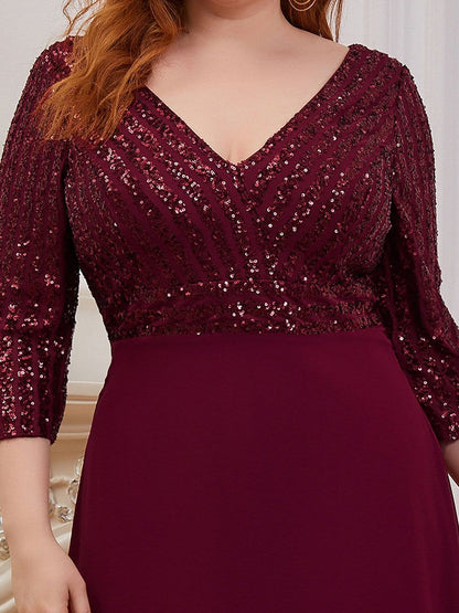 Chic Sequin V-Neck A-Line Plus Size Evening Dress with Long Sleeves