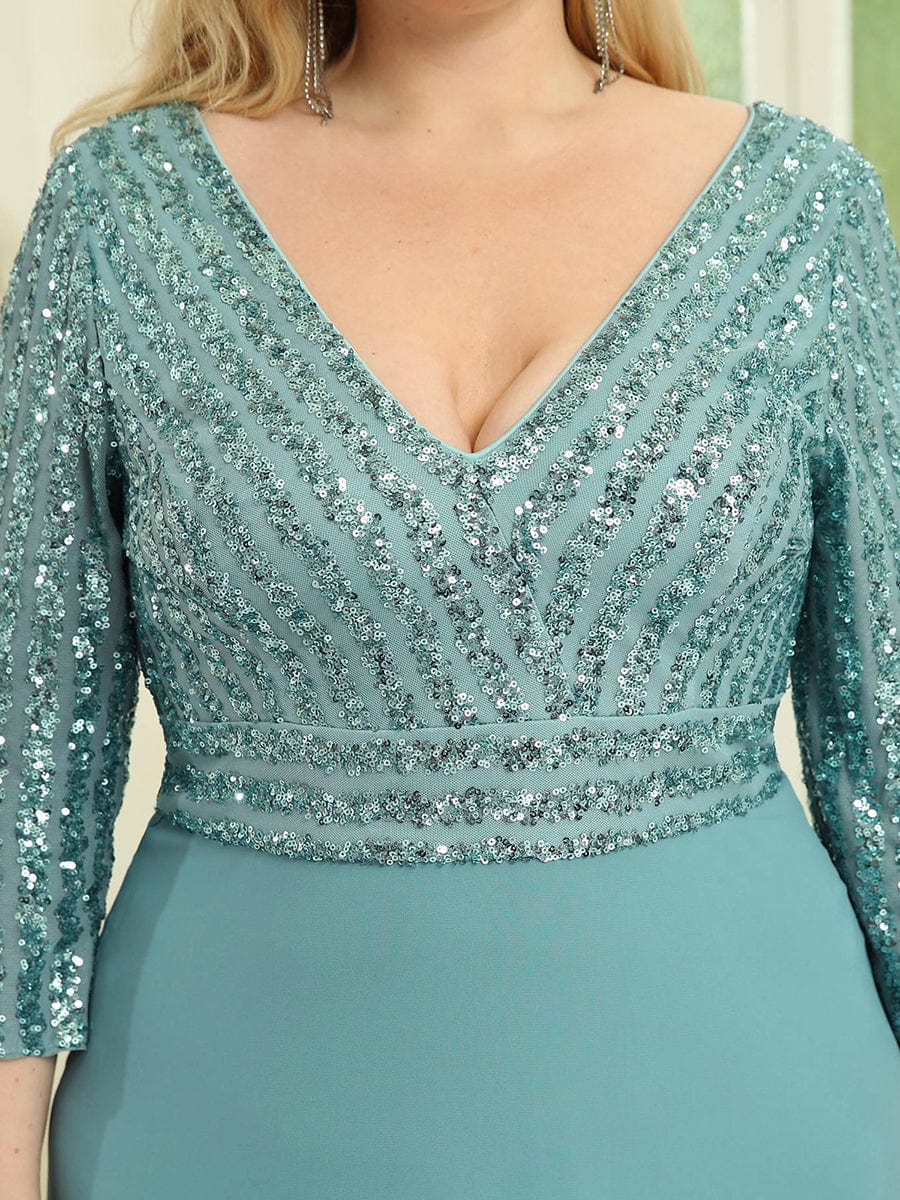 Chic Sequin V-Neck A-Line Plus Size Evening Dress with Long Sleeves