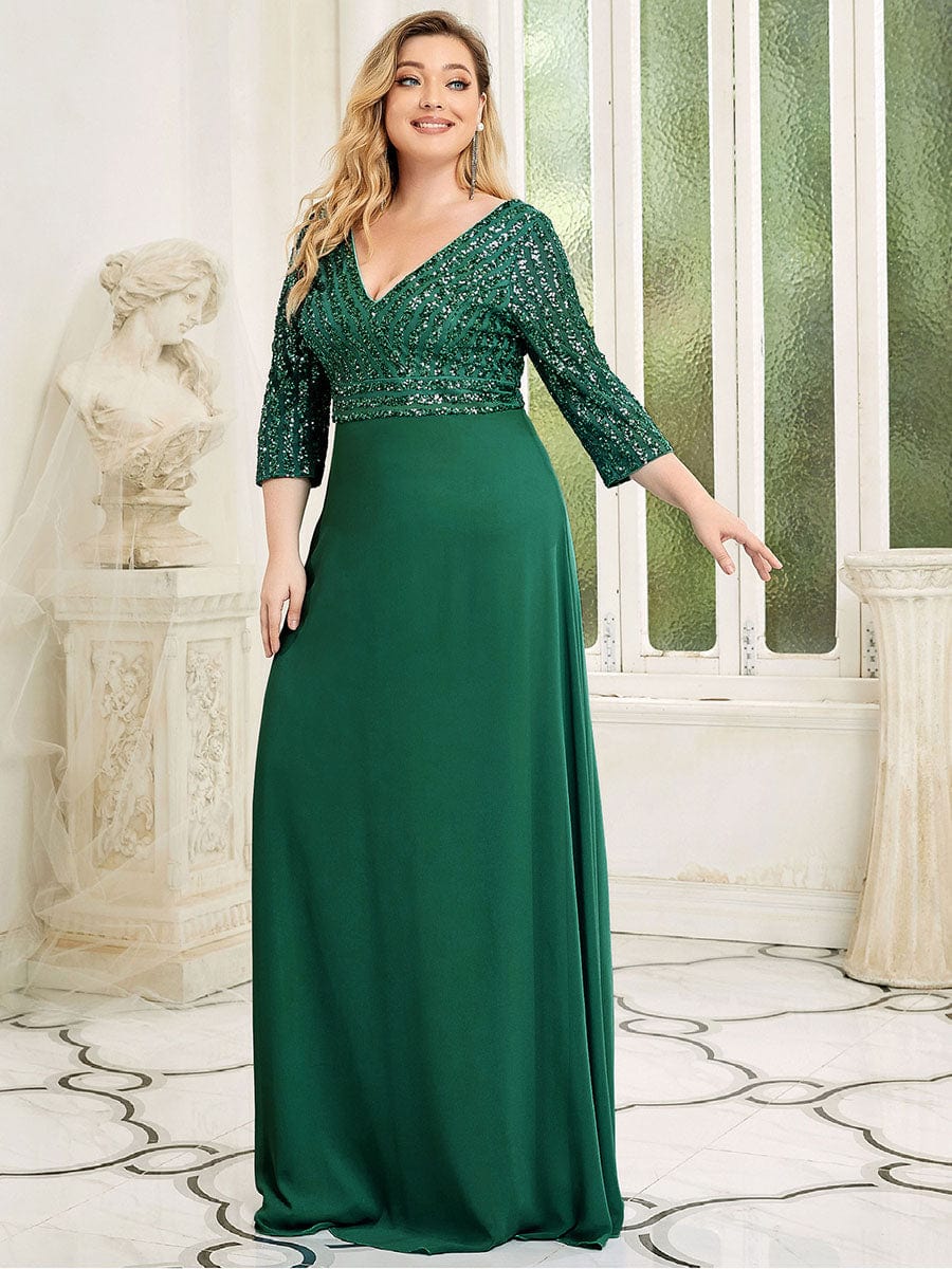 Chic Sequin V-Neck A-Line Plus Size Evening Dress with Long Sleeves