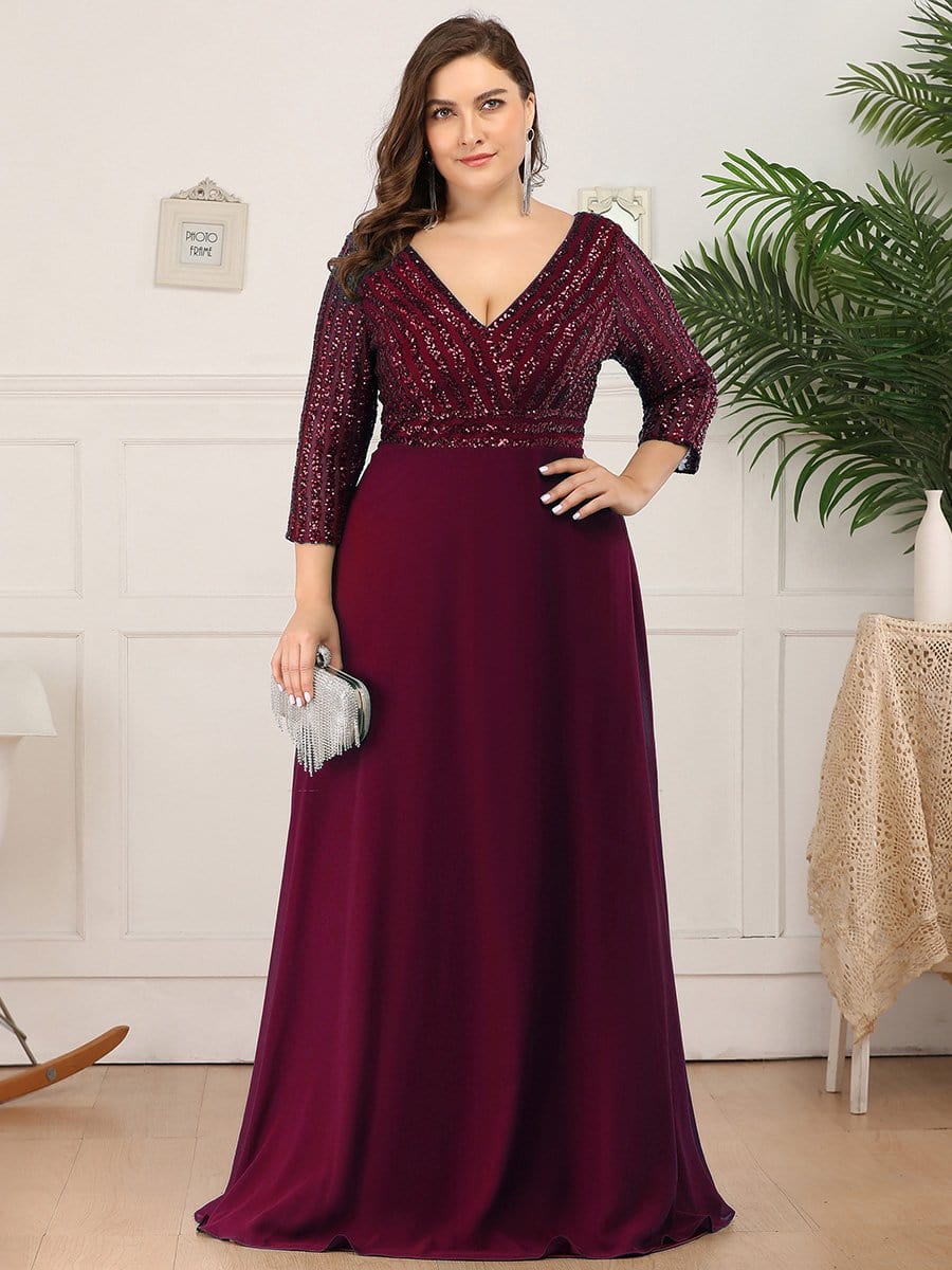 Chic Sequin V-Neck A-Line Plus Size Evening Dress with Long Sleeves