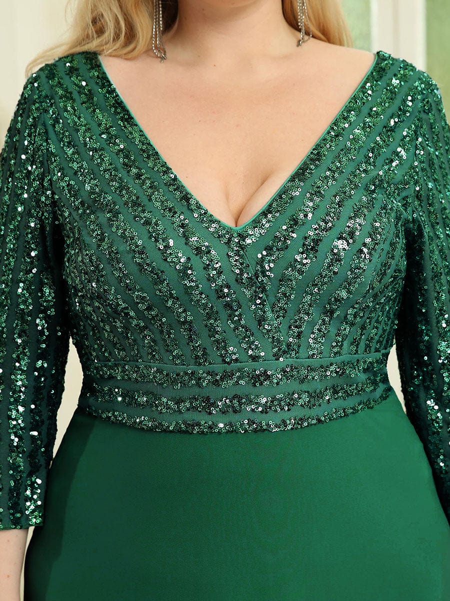 Chic Sequin V-Neck A-Line Plus Size Evening Dress with Long Sleeves