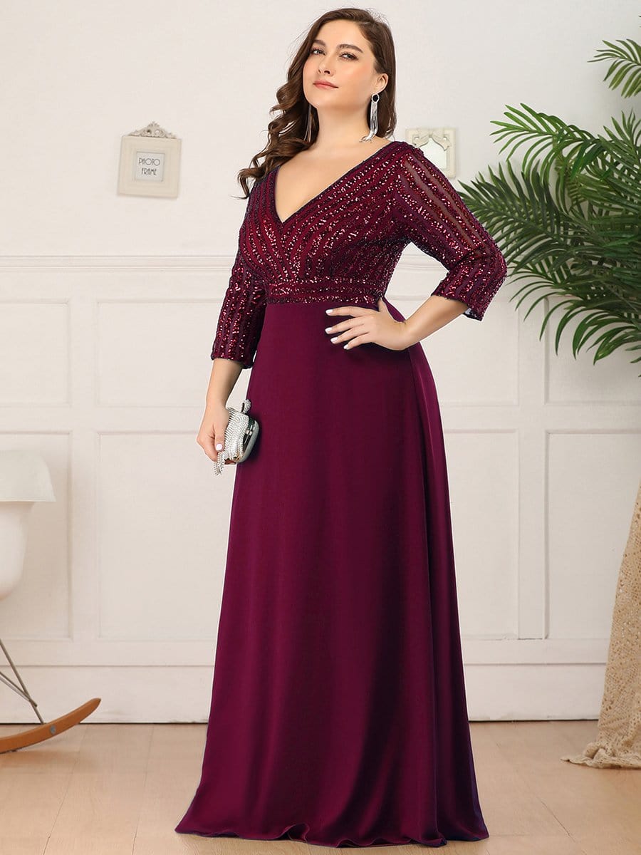 Chic Sequin V-Neck A-Line Plus Size Evening Dress with Long Sleeves