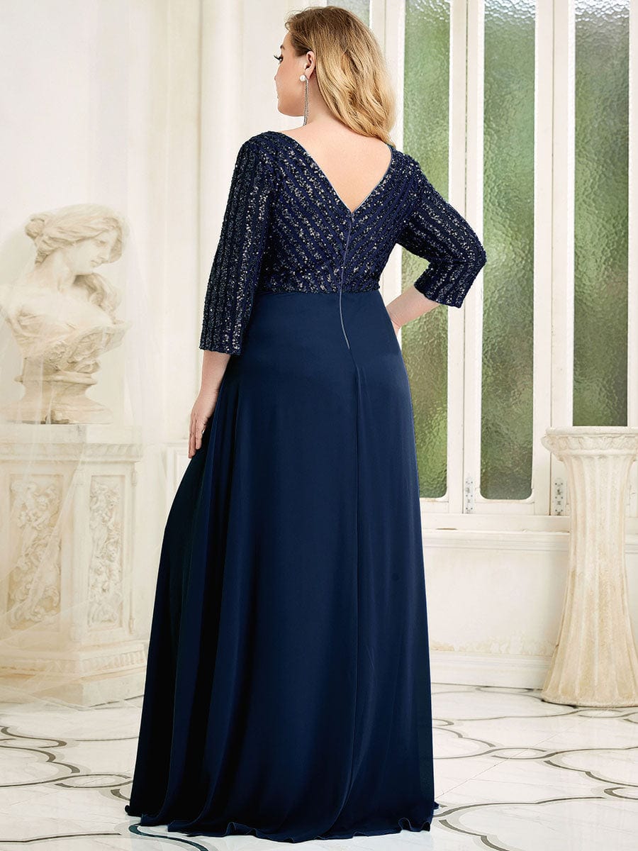 Chic Sequin V-Neck A-Line Plus Size Evening Dress with Long Sleeves