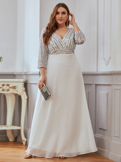 Chic Sequin V-Neck A-Line Plus Size Evening Dress with Long Sleeves