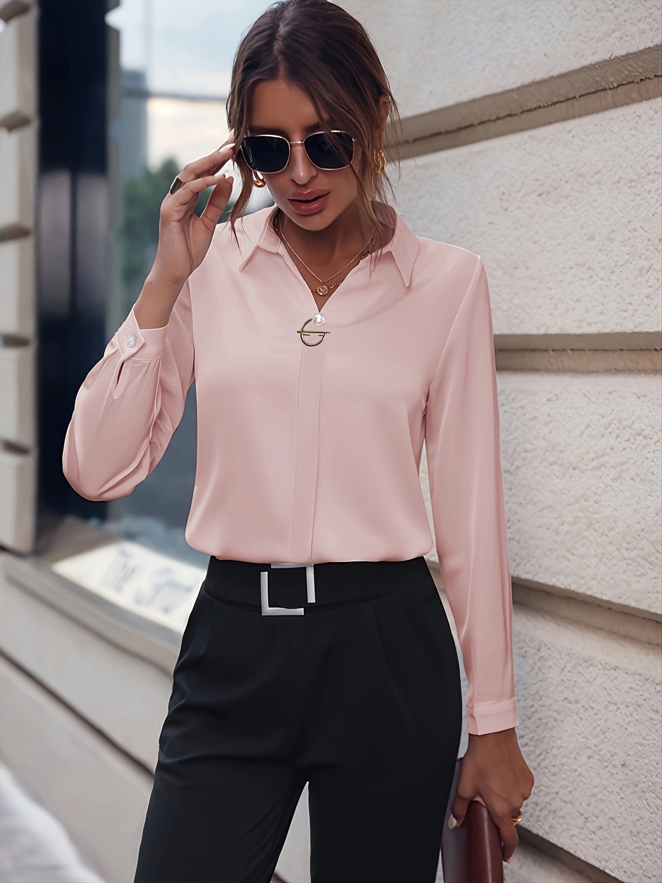 Chic Solid Stylish Sophisticated Lapel Slim Blouse