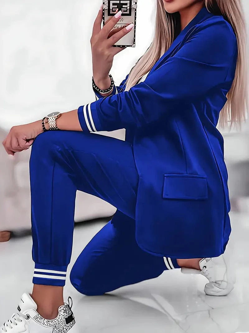 Chic Two-Piece Suit with Long Sleeve Lapel Neck Blazer & High Waist Skinny Pants
