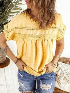 Chiffon Lace-Up Pullover Top in Solid Color with Three-Quarter Sleeves and Slim-Fitting Design