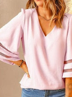 Chiffon Lace-Up Pullover Top in Solid Color with Three-Quarter Sleeves and Slim-Fitting Design