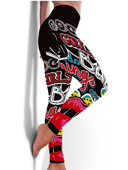 Yoga Fitness Leggings: Red Graphic High Waist Butt Lift Tummy Control Women's Stretchy Gym Bottoms