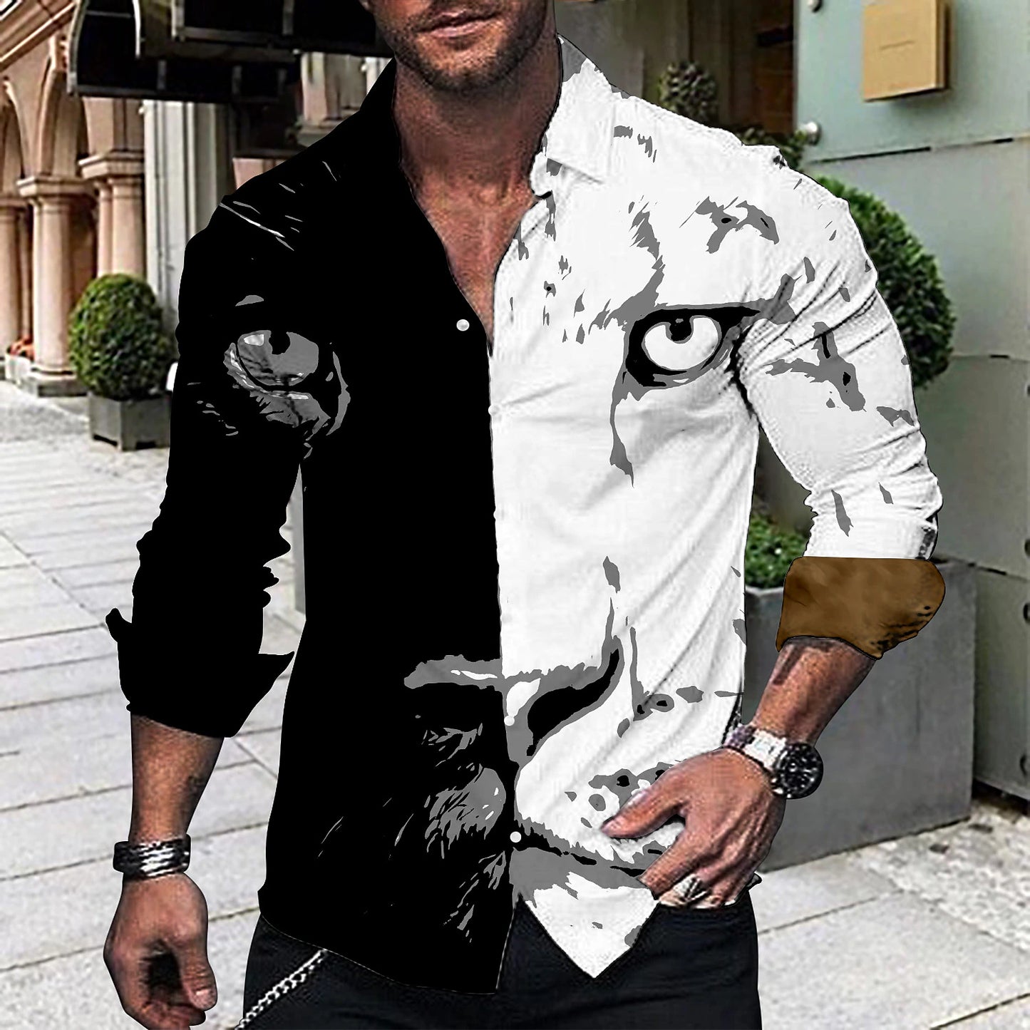 Men's Shirt Graphic Shirt Animal Leopard Turndown Black White Yellow Blue Brown 3D Print Outdoor Street Long Sleeve Button-Down Print Clothing Apparel Fashion Designer Casual Breathable