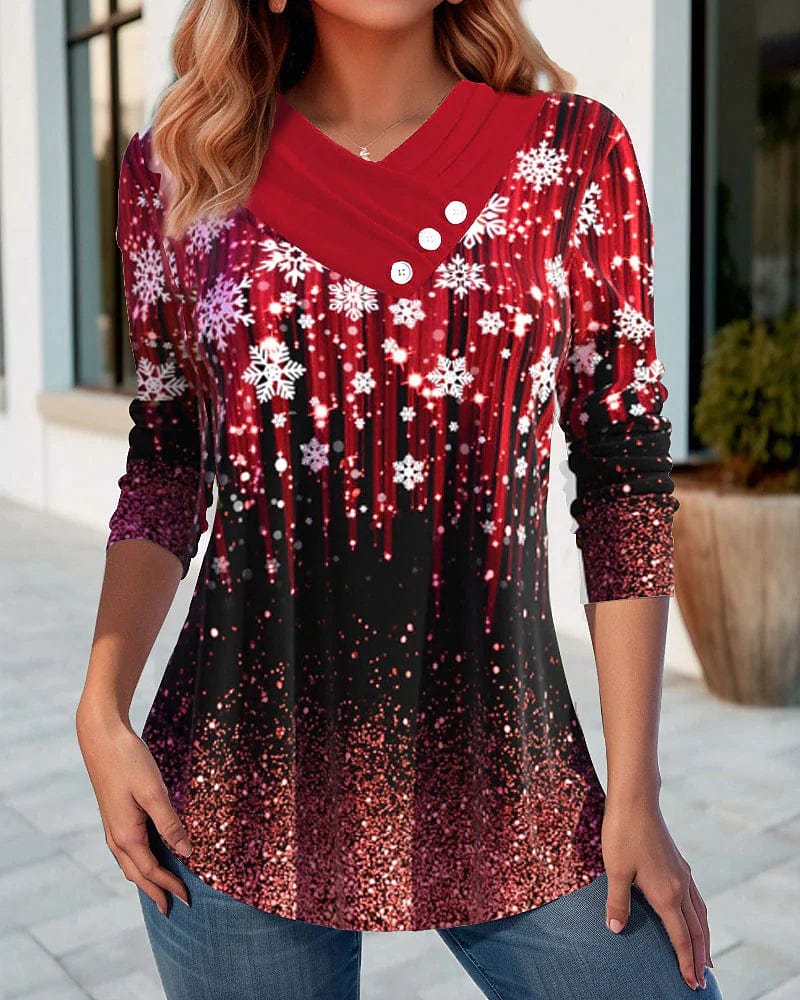 Christmas Snowflake Print Women's Long Sleeve T-shirt with Button Detail