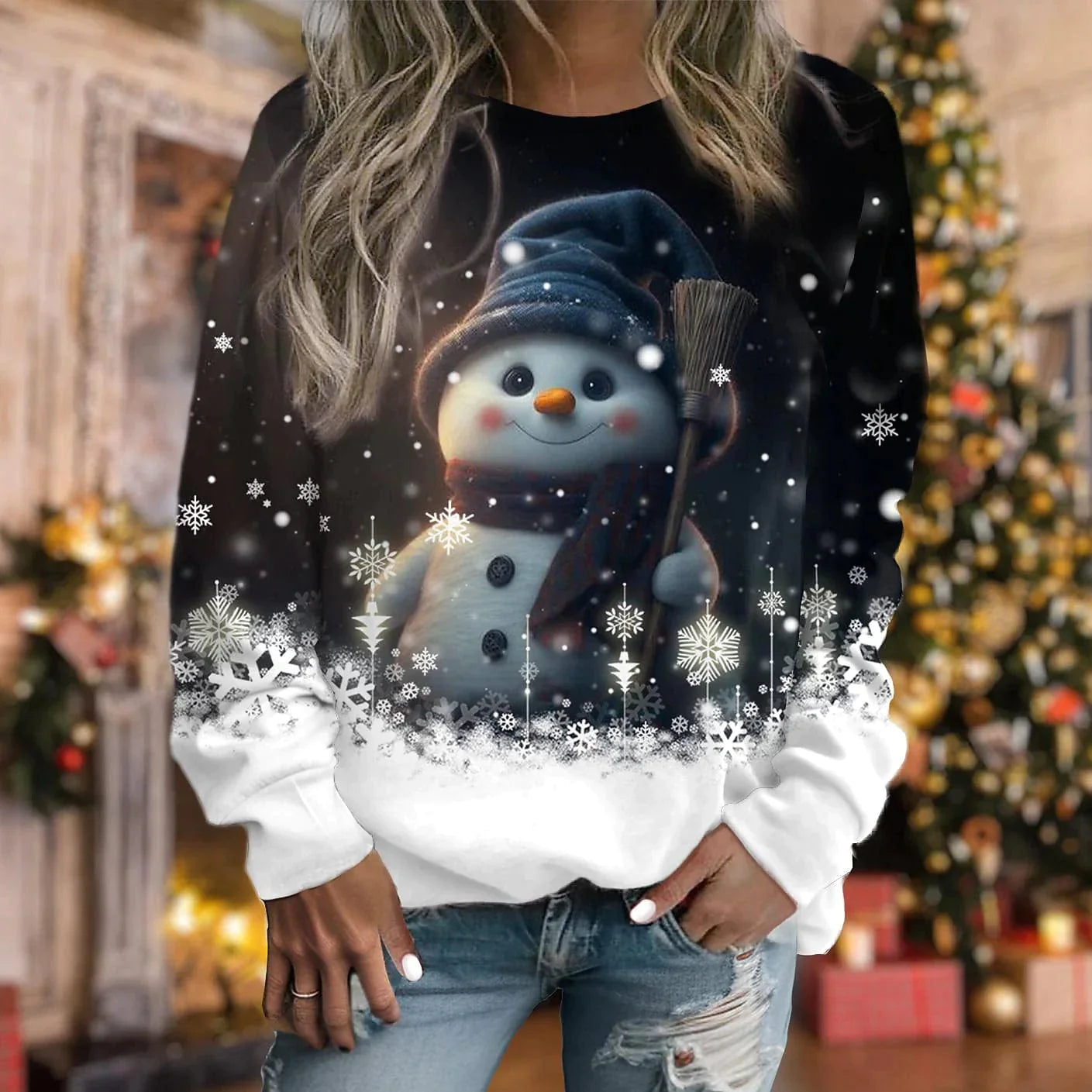 Christmas Snowman and Snowflake Print Women's Velvet Sweatshirt