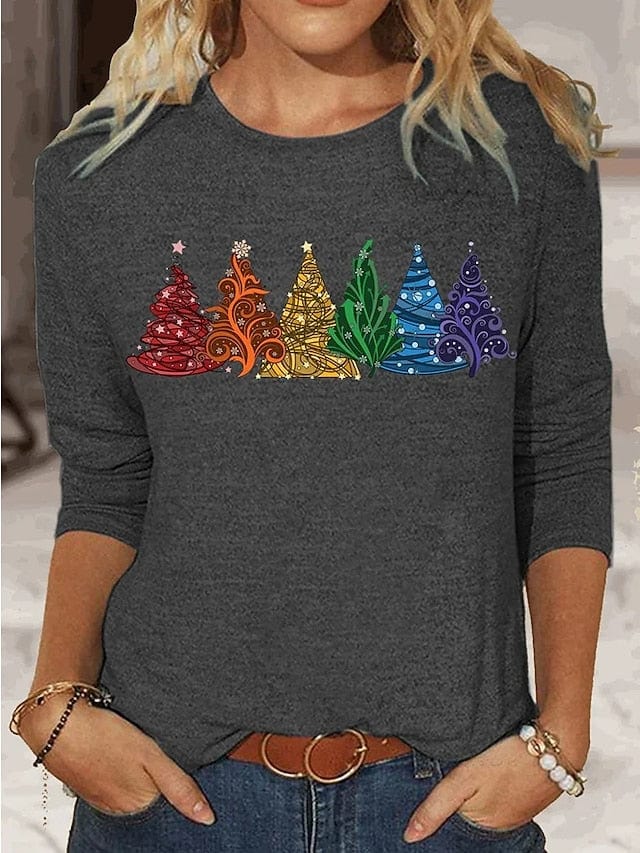 Christmas Tree Print Long Sleeve T-shirt for Women with Cute Cat Design