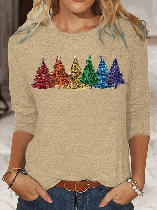 Christmas Tree Print Long Sleeve T-shirt for Women with Cute Cat Design