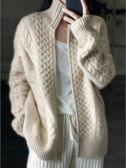 Chunky Cable Knit Zipper Cardigan for Women in Maillard Beige Sizes S, M, L