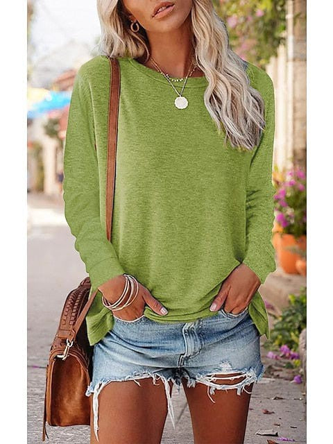 Classic Round Neck Women's Blouse in Various Colors with Long Sleeves