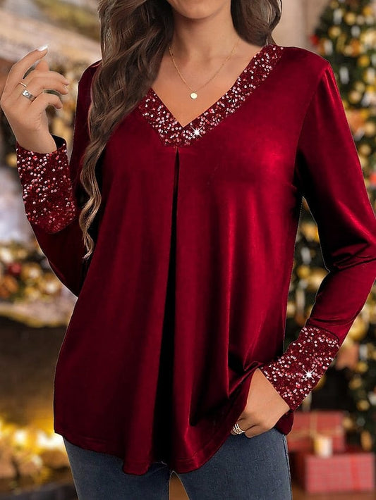 Red Sequin Velvet Blouse with V-Neck and Long Sleeves