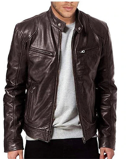 Men's Faux Leather Jacket Biker Jacket Motorcycle Jacket Daily Wear Thermal Warm Windproof Full Zip Fall Solid Color Simple Casual Stand Collar Faux Fur Regular Fit Black Brown Jacket