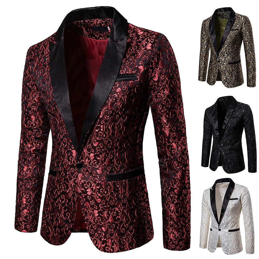 Elegant Floral Men's Jacquard Blazer with Thermal Warmth