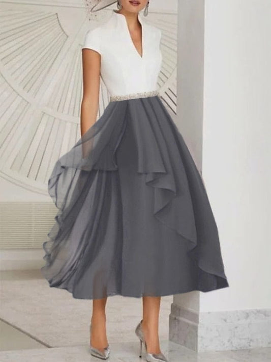 Cocktail Party Dress Swing Dress Midi Dress Blue Gray Short Sleeve Pure Color Ruched Spring Summer V Neck Modern Office Wedding Guest  S M L XL 2XL 3XL for Women