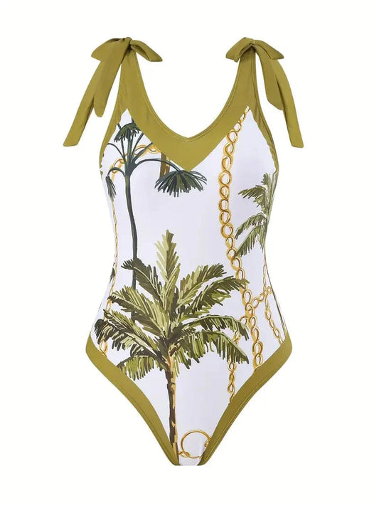 Coconut Tree Chain Print 2 Piece Swimsuit Set with Cover Up Skirt & One-piece Bathing Suit - Women's Swim & Beachwear