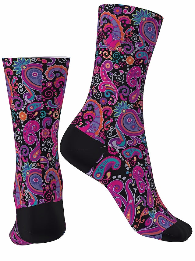 Men's Women's Socks Outdoor Exercise Bike / Cycling Breathable Soft Comfortable 1 Pair Paisley Cotton Black Purple Fuchsia S M L - LuckyFash™