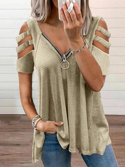 Tank Tops - Cold Shoulder Cutout Sleeve Zip Front Top - MsDressly
