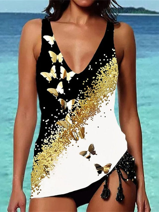 Color Block Butterfly Golden Black Padded 2 Piece Swimsuit for Women