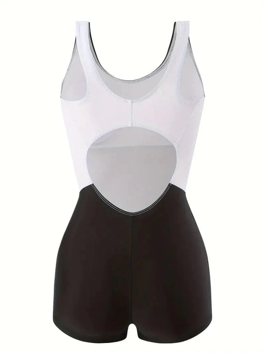 Color Block Hollow Out Actionback One-piece Swimsuit with Scoop Neck for Women's Water Sports and Beachwear