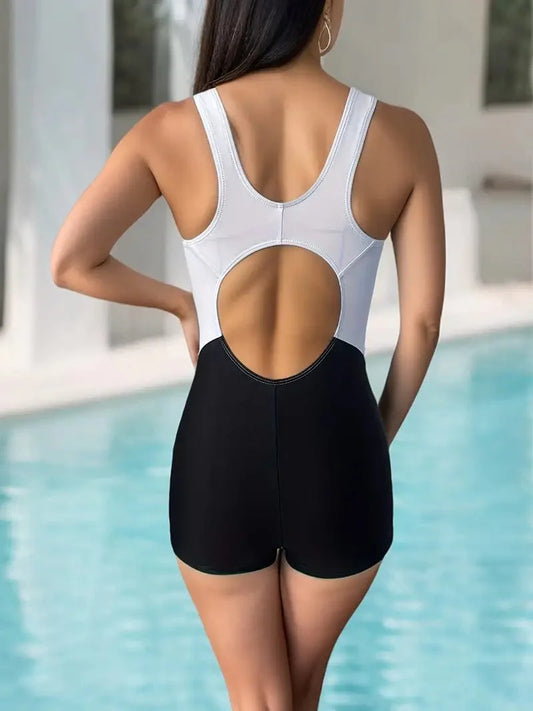 Color Block Hollow Out Actionback One-piece Swimsuit with Scoop Neck for Women's Water Sports and Beachwear