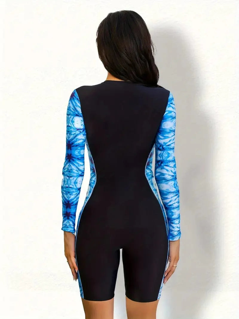 Color Block Long Sleeve One-piece Swimsuit with Half Zipper, Sun Protection for Surfing and Water Sports, Women's Swimwear & Apparel