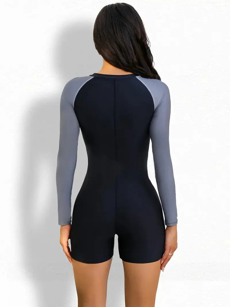 Color Block One-piece Swimsuit with Half Zipper and Long Sleeves, Boxer Short Bottom for Surfing and Water Sports, Rash Guard for Women's Swimwear & Clothing