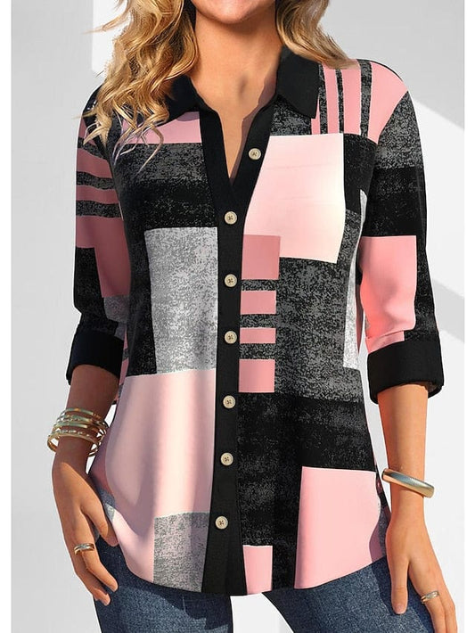 Color Block Women's Button Up Shirt with Yellow, Pink, and Blue Print