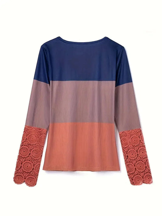 Colorblock Lace Detail V-Neck Long Sleeve Tee - Fashionable Women's Top for Spring & Fall