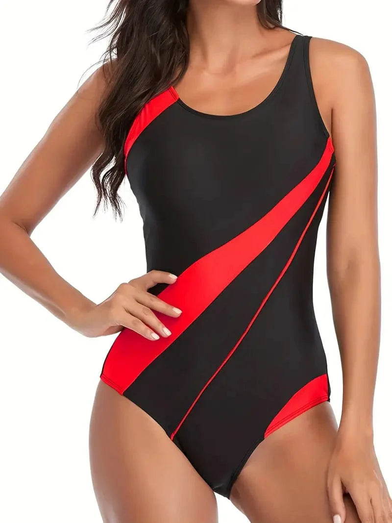 Colorblock Scoop Neck Competitive One-Piece Swimsuit with Actionback Open Back Design for Surfing and Water Sports Outfit - Women's Beachwear & Swimwear