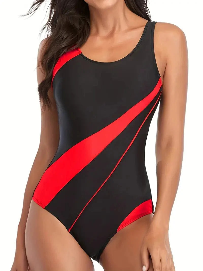 Colorblock Scoop Neck Competitive One-Piece Swimsuit with Actionback Open Back Design for Surfing and Water Sports Outfit - Women's Beachwear & Swimwear