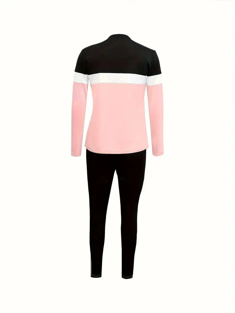 Colorblock Striped Print 2-Piece Ensemble with Crew Neck Long Sleeve Top and Drawstring Pants, Women's Apparel