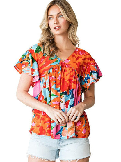 Colorful Abstract Print Slim-Fit Chiffon Top for Women