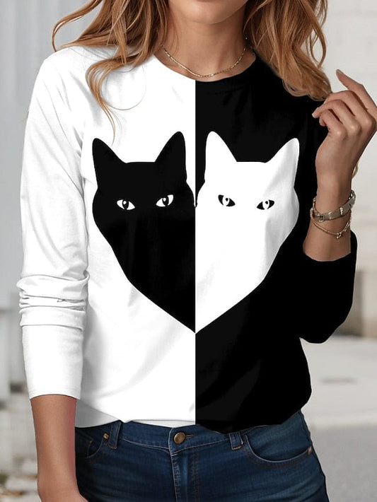 Colorful Cat Print Long Sleeve Women's T-shirt