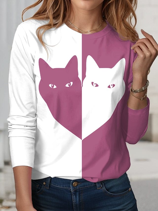 Colorful Cat Print Long Sleeve Women's T-shirt