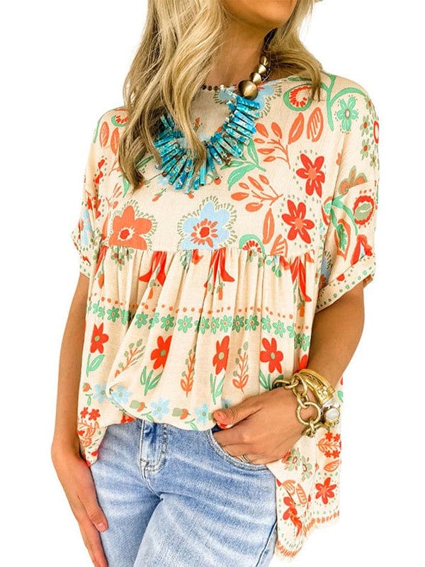 Colorful Loose Retro Flower Print Chiffon Top