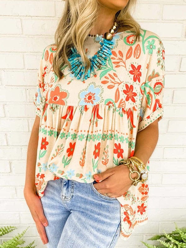 Colorful Loose Retro Flower Print Chiffon Top