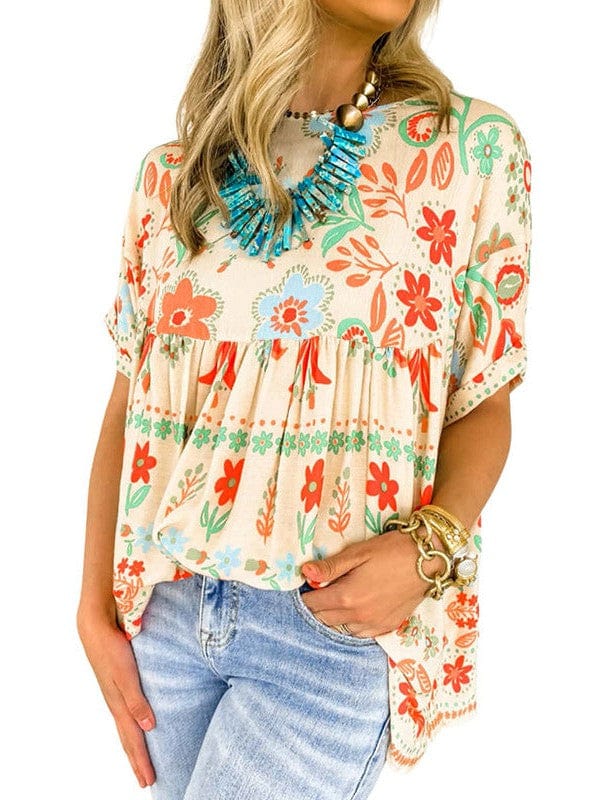 Colorful Loose Retro Flower Print Chiffon Top