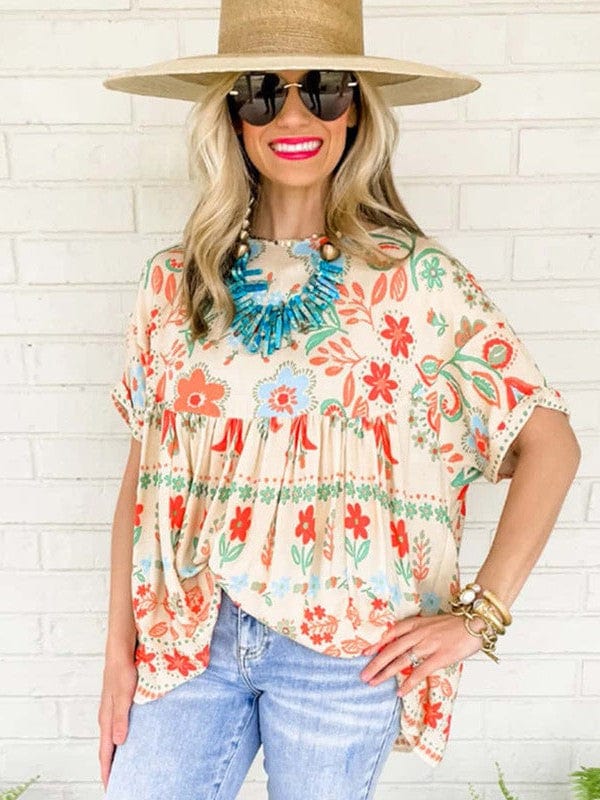 Colorful Loose Retro Flower Print Chiffon Top